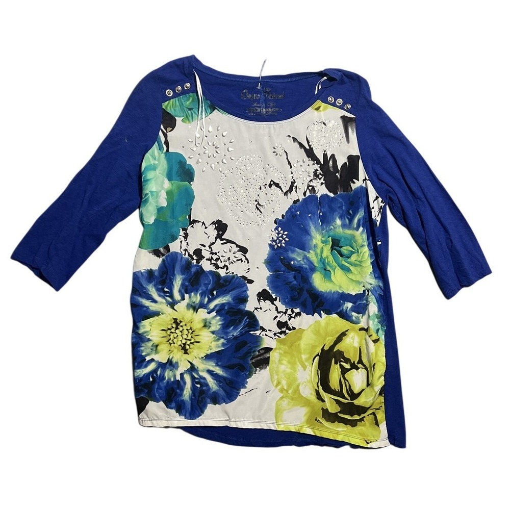 Onque Casuals Women's Blue Floral Rhinestone 3/4 Sleeve Top Size L Cotton Blend